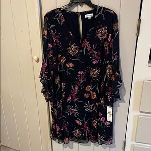 Calvin Klein  Dark Blue Floral Flutter Sleeve Dress